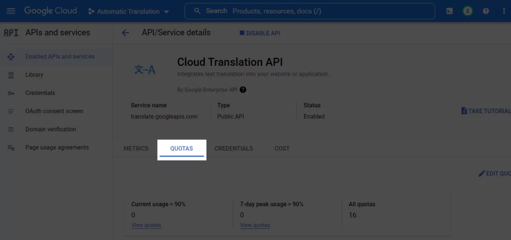 Cloud Translation API Quotas