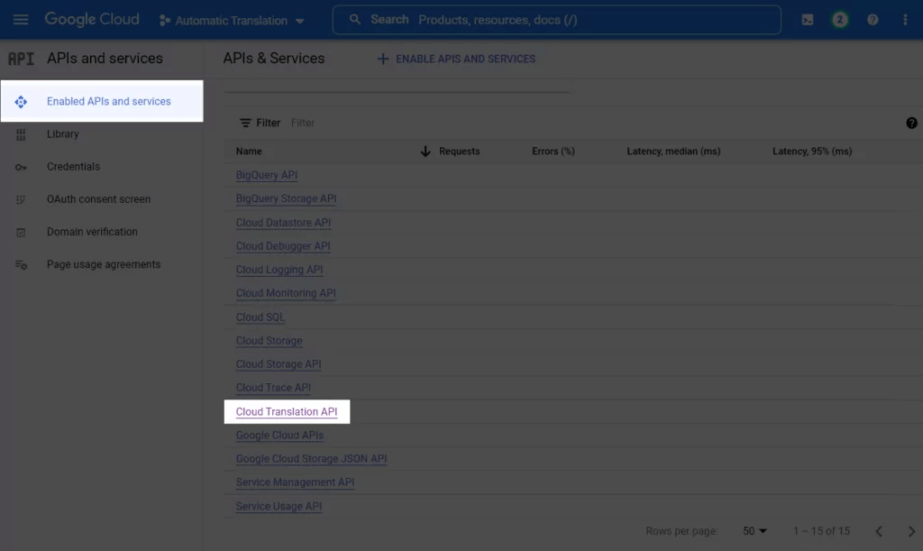Enable Cloud Translation API